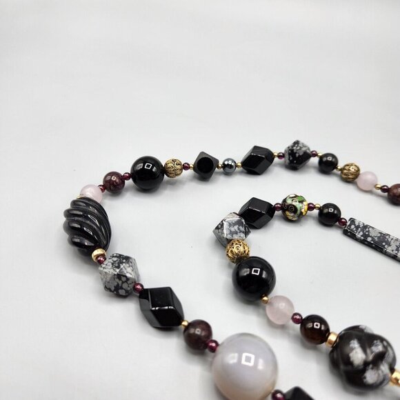 Stone Bead Necklace Rose Quartz Snowflake Obsidian Cloisonne Gradient 30" - Picture 3 of 13